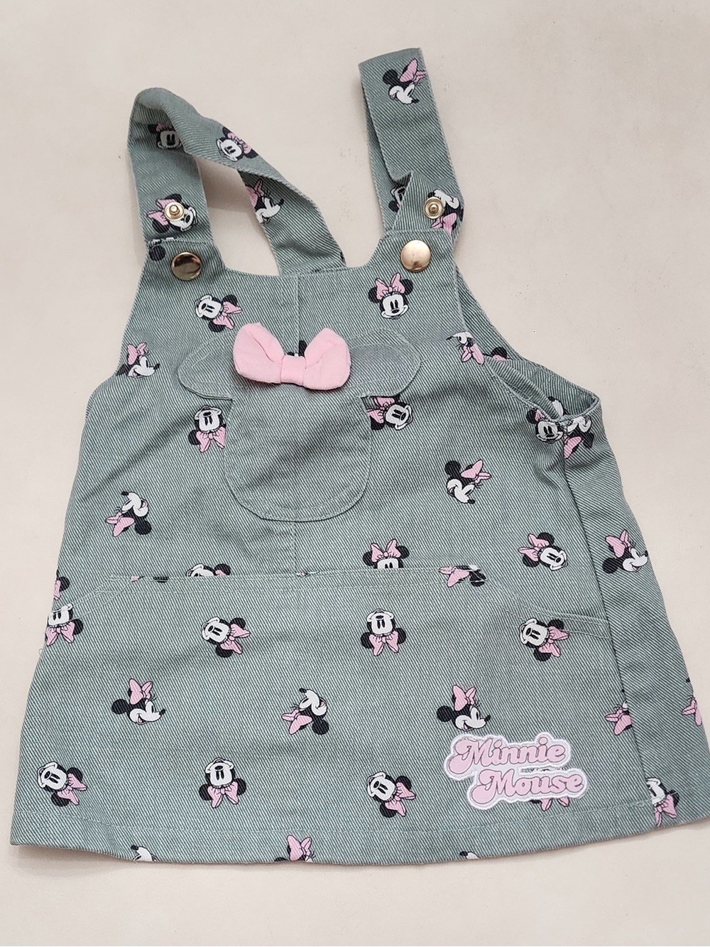Disney Minnie Mouse Green Pink Bow Pinafore Dress